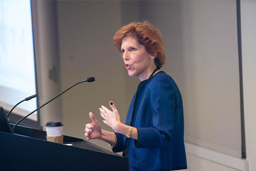 Keynote speaker Loretta Mester, then president of the Federal Reserve Bank of Cleveland, speaks about payments modernization during the 2022 Chicago Payments Symposium.